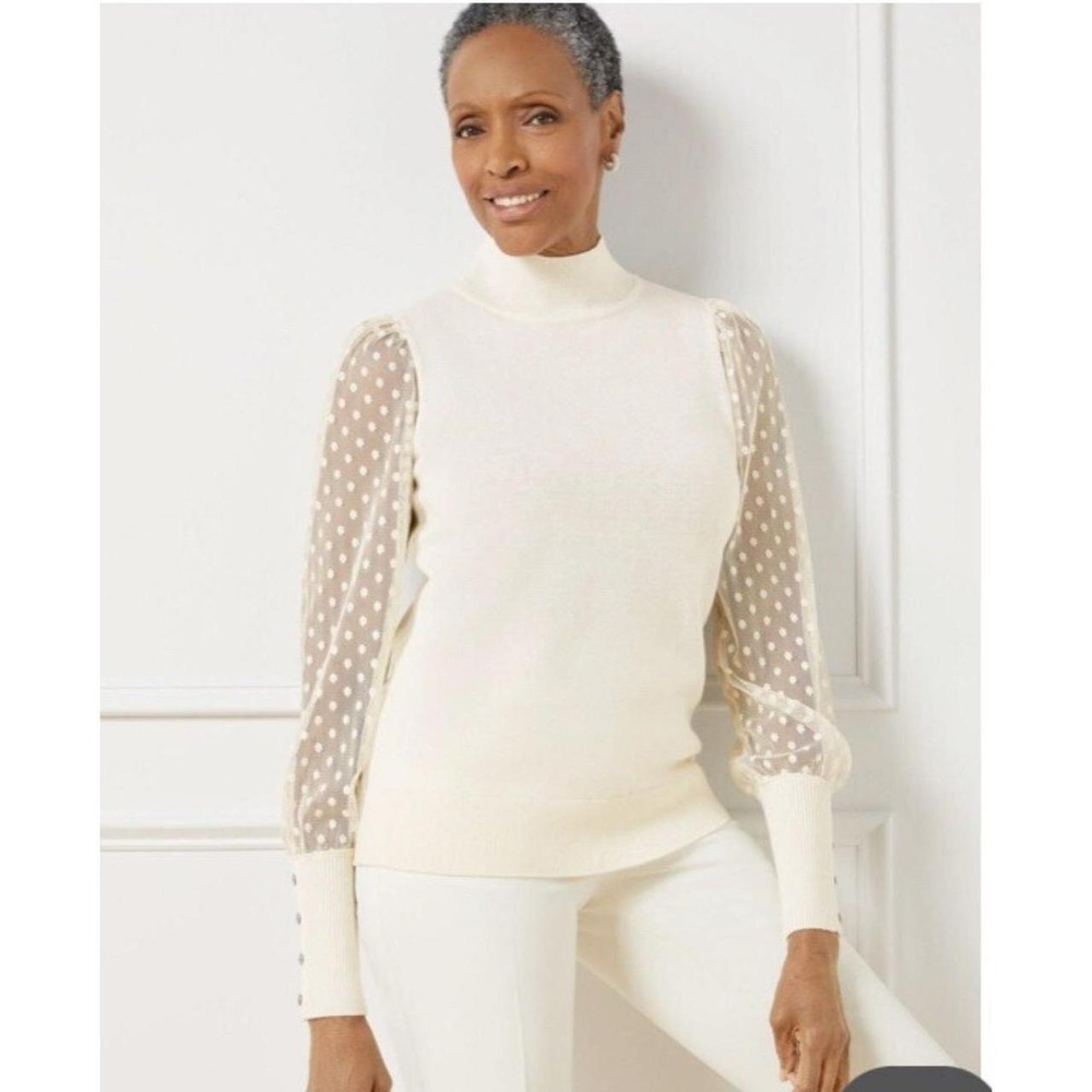 Womens Talbots Tulle Ribbed  Hybrid Dot Sheer Mock Neck Button Accent Sweater
